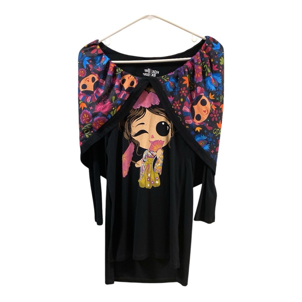 Ay Guey Women’s Black Hooded Blouse Size XS Bold Colorful Graphic Mexican Unique